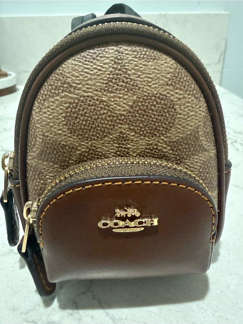 NWOT Coach Brown Signature Mini Backpack 
Keychain w/ Gold Hardware